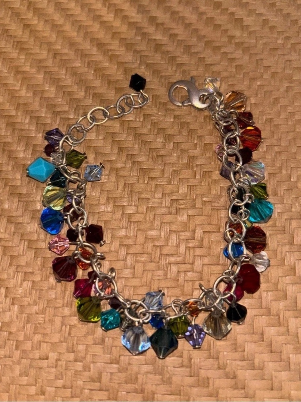 Multicolor Austrian Crystal Bracelet with faceted crystal charms/ .925 sterling